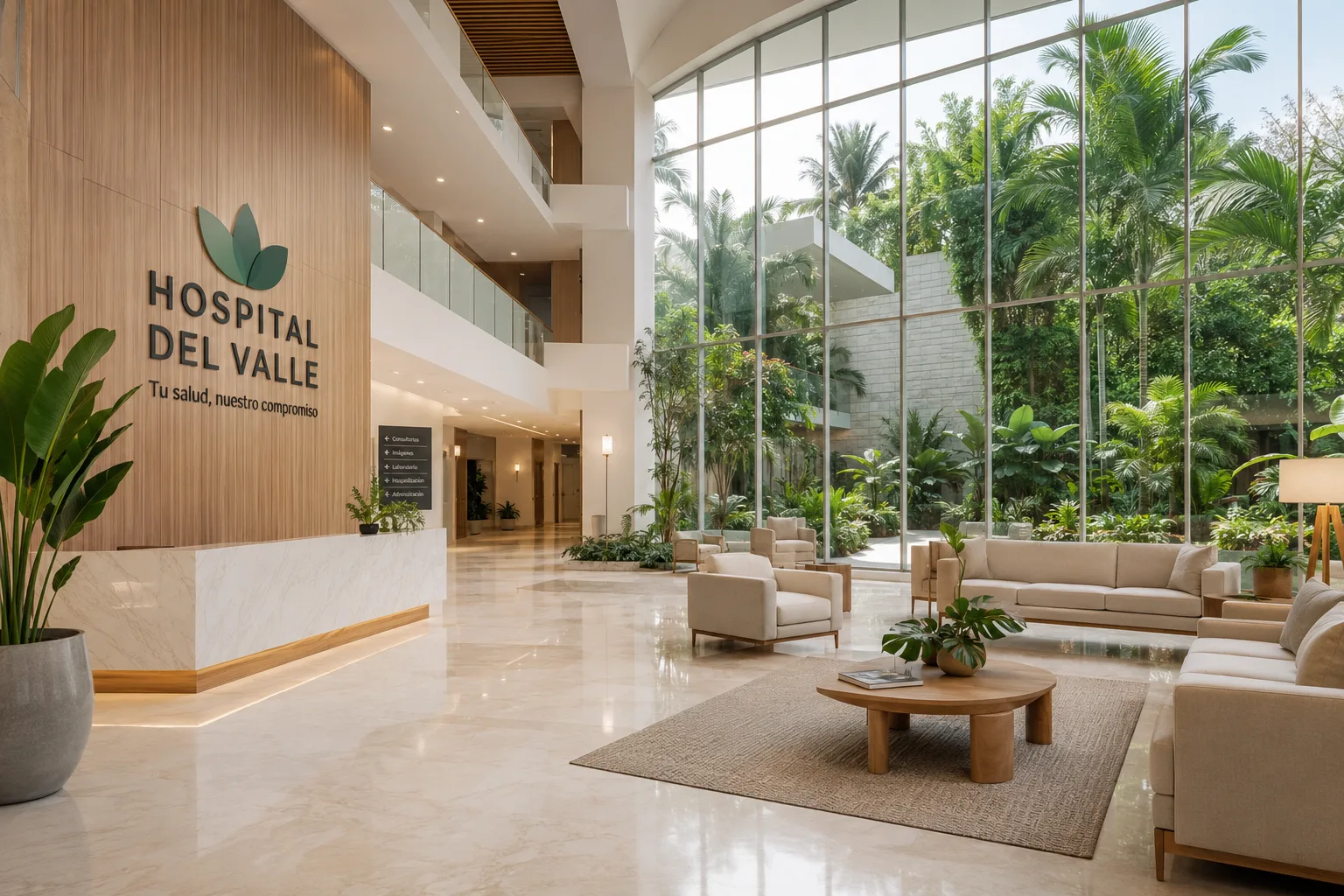 Modern hospital lobby in Colombia with floor-to-ceiling windows and tropical garden